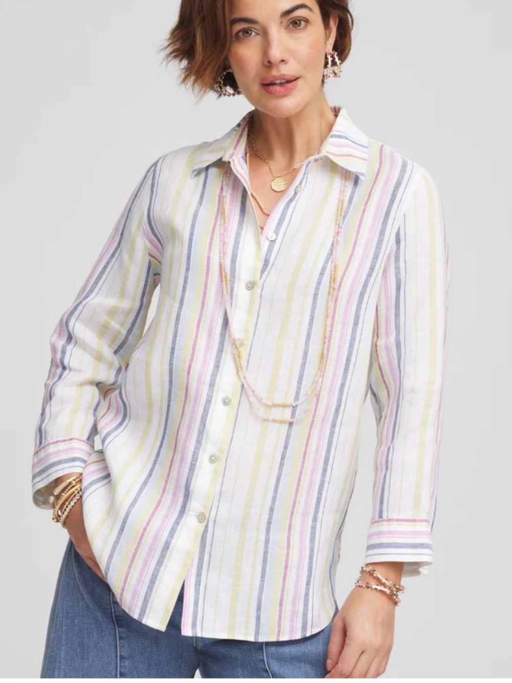 Chico’s No Iron Linen Striped Button-Up Shirt